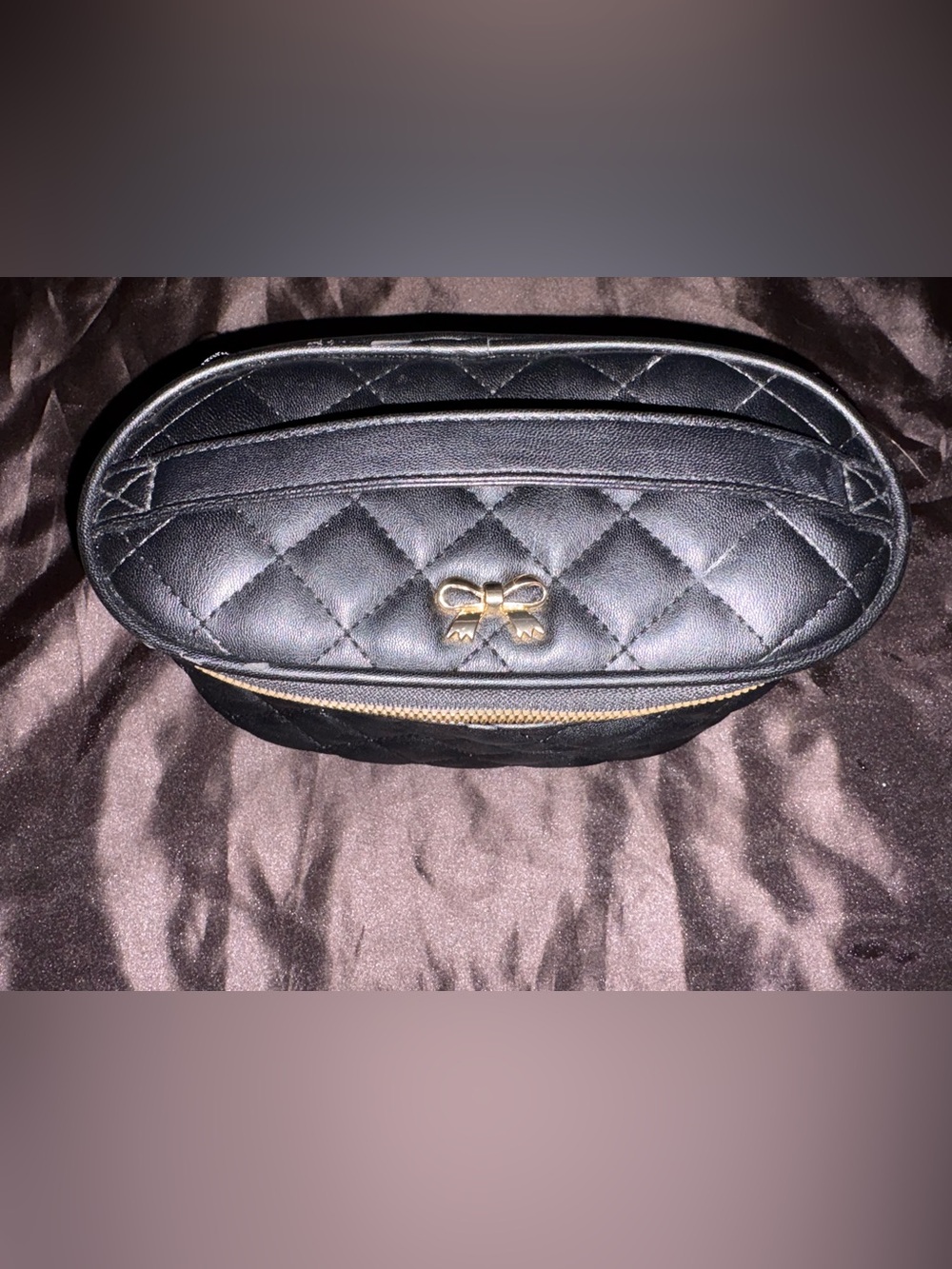 Quilted Black Cosmetic Pouch with Gold Bow Accent